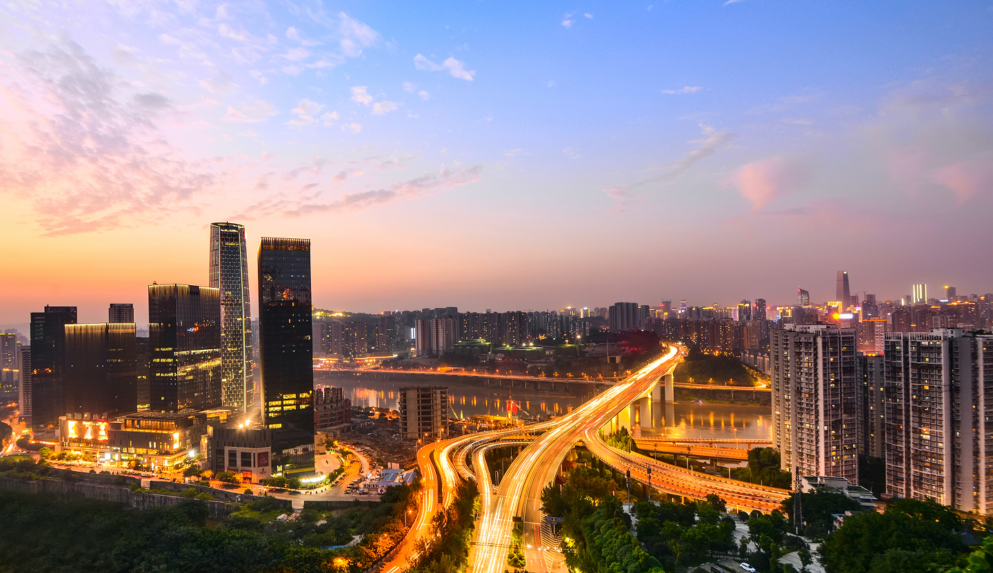 City skyline at sunset